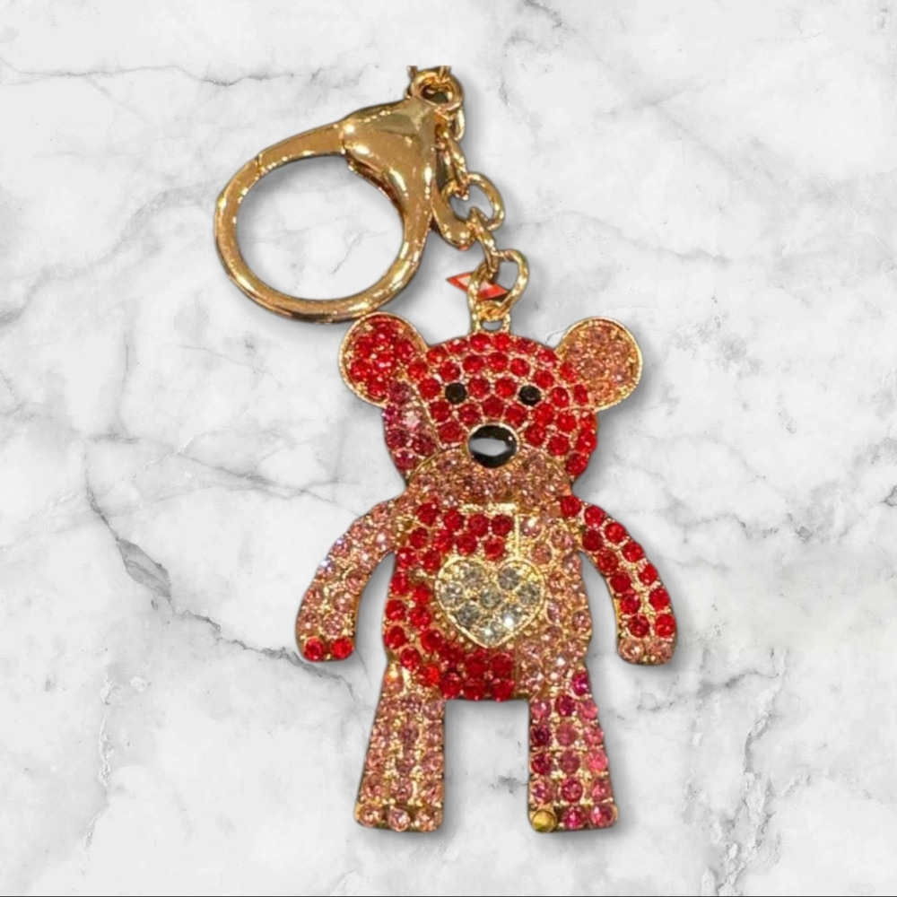 NWT Purse Charm RED & PINK Goldtone Teddy Bear Keychain Clip Heart Tummy